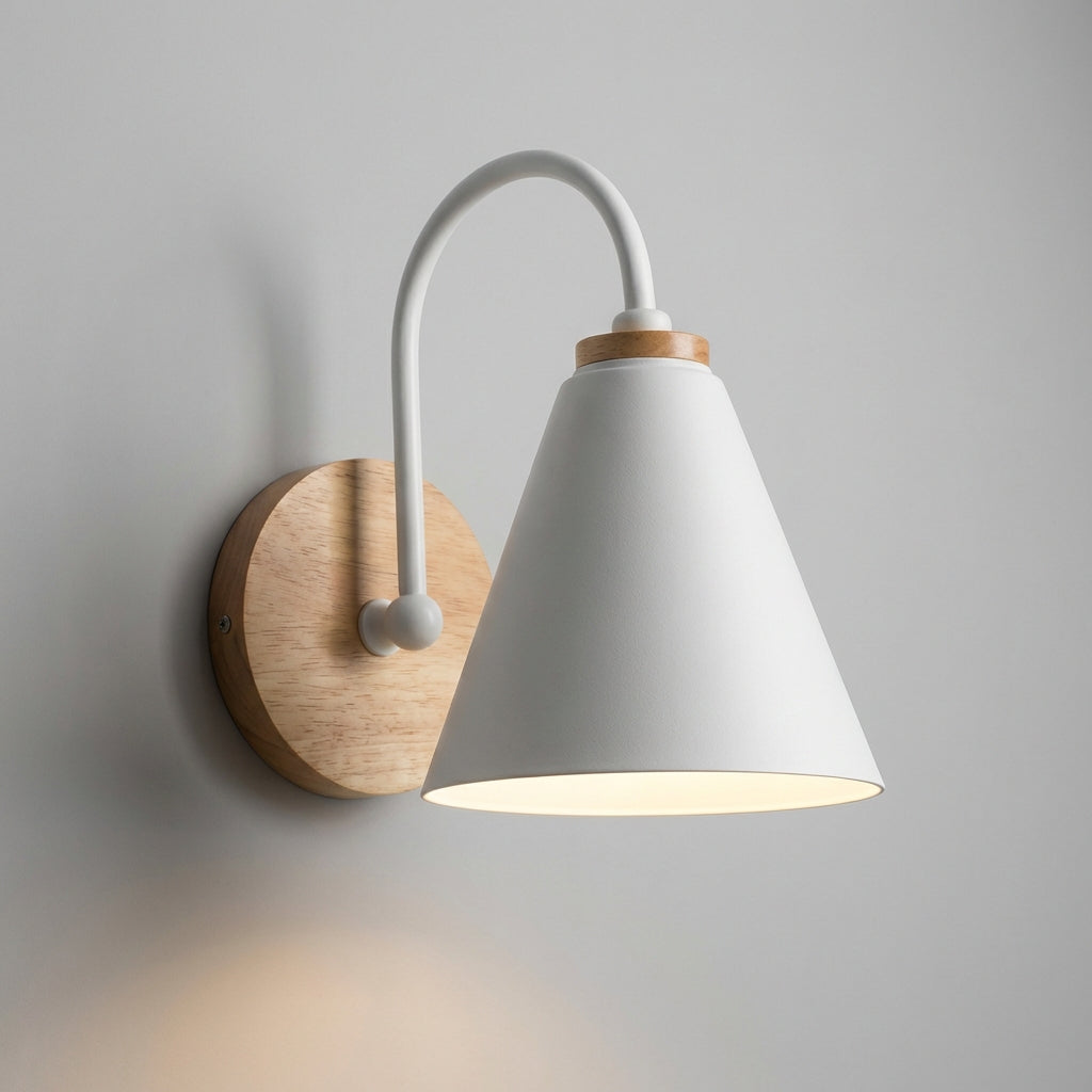 Contemporary Wall Lamp with Cone Shade and Natural Wood Accent