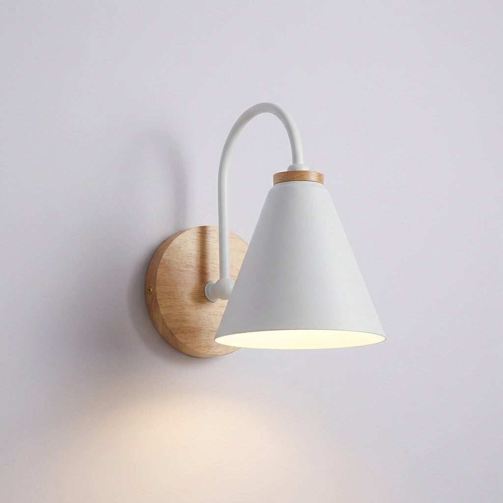 Contemporary Wall Lamp with Cone Shade and Natural Wood Accent