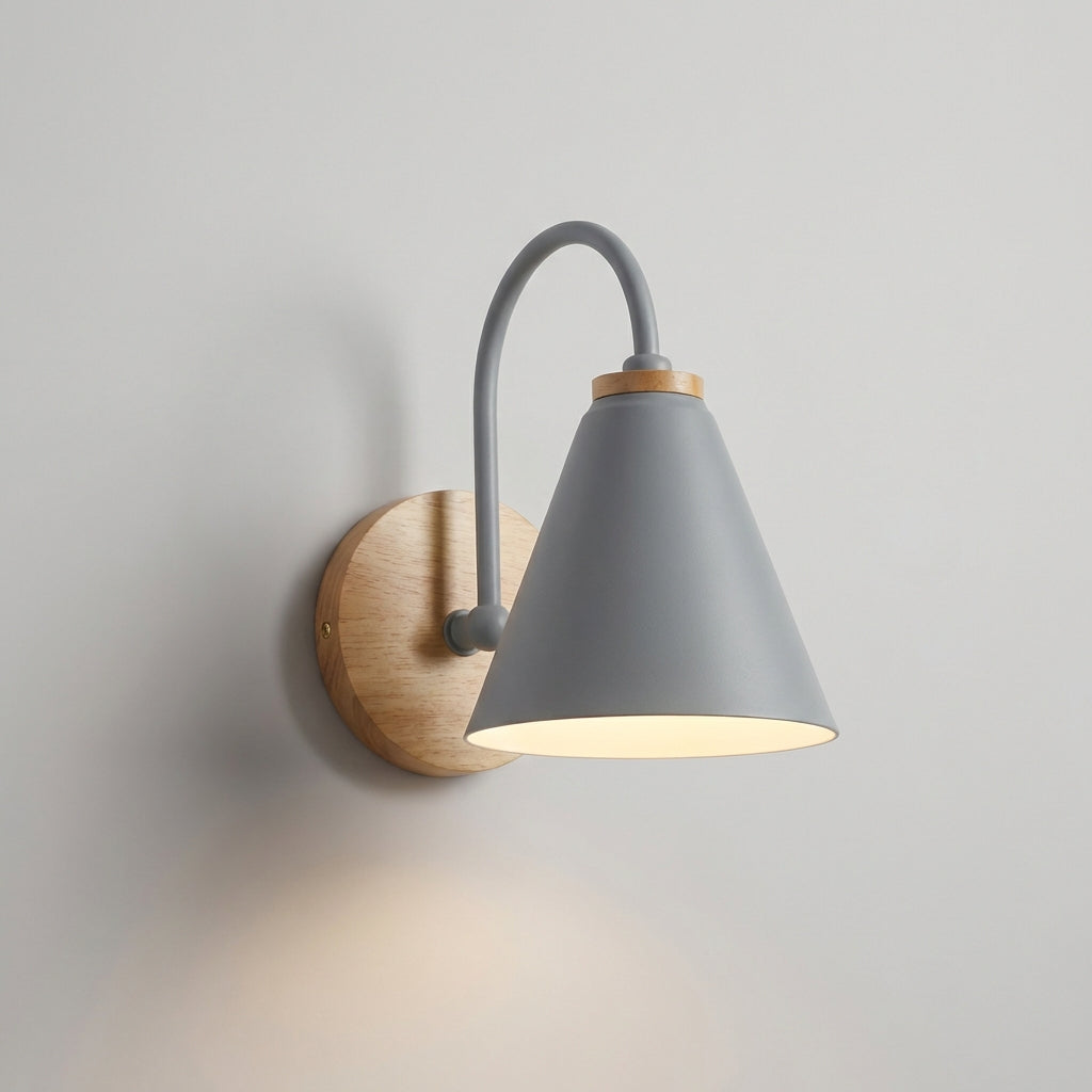 Contemporary Wall Lamp with Cone Shade and Natural Wood Accent