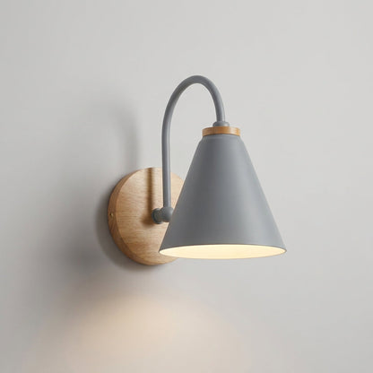 Contemporary Wall Lamp with Cone Shade and Natural Wood Accent