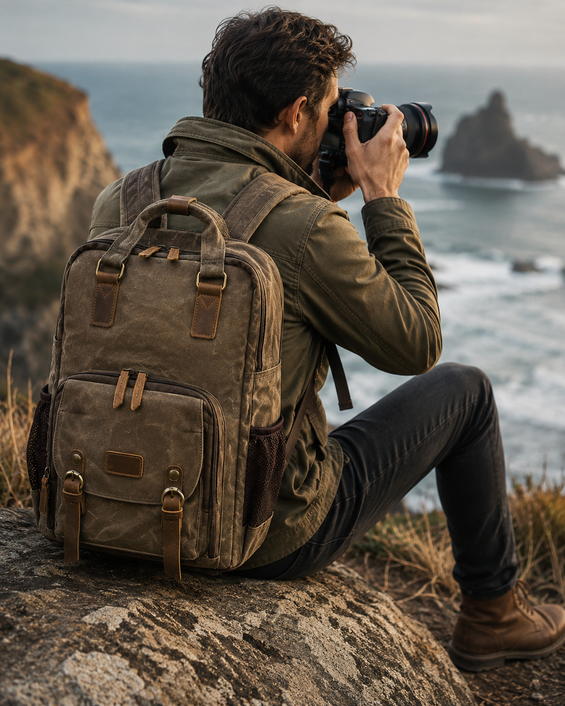 Men's Vintage Camera Backpack - Waterproof Waxed Canvas with Laptop Sleeve and Tripod Holder