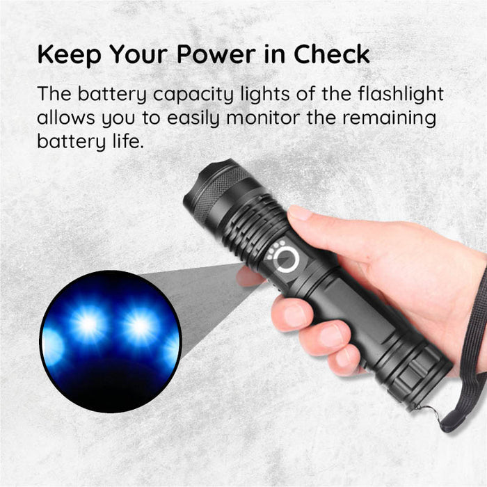 Rechargeable LED Flashlight with Telescopic Zoom, 5 Modes, IPX-6 Waterproof