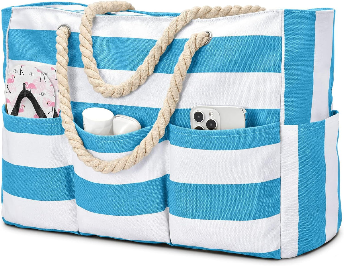 Spacious Waterproof Canvas Tote for Beach with 7 Pockets, Sand-Free