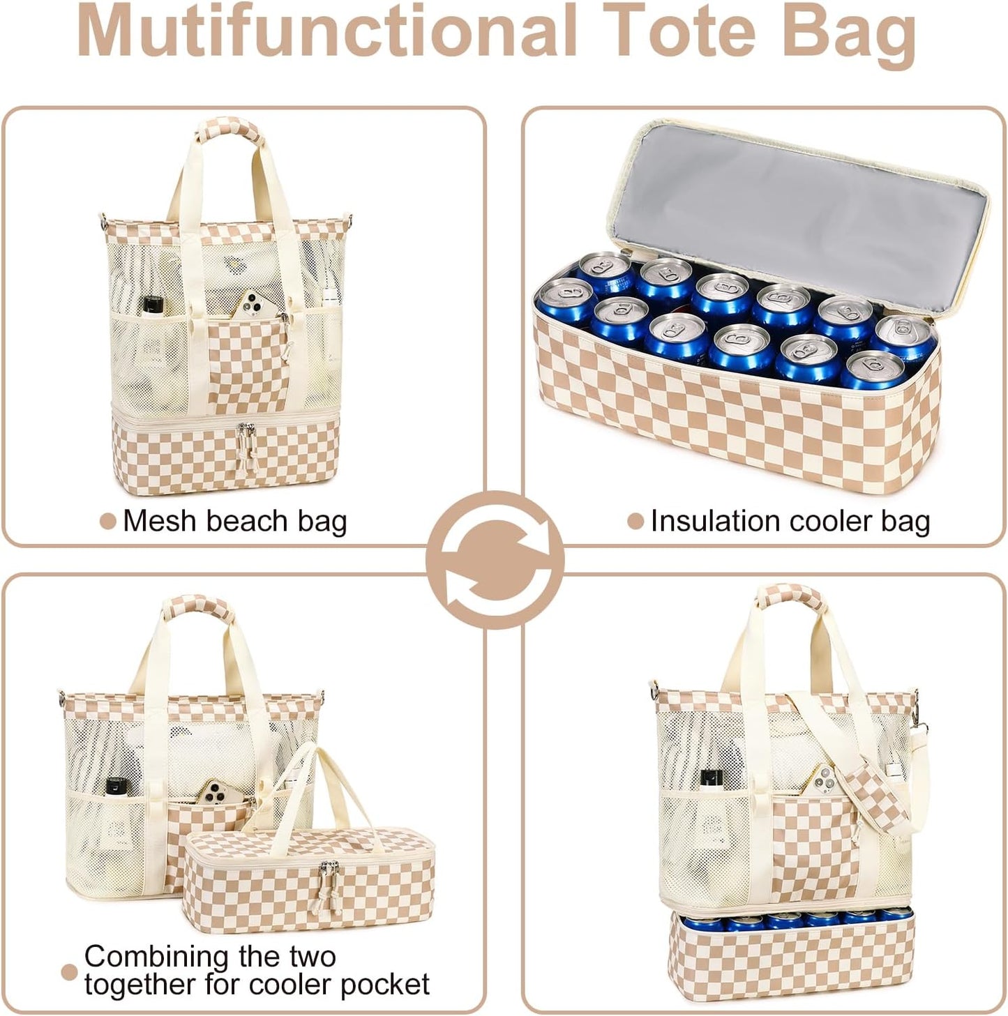 Large Beach Tote for Summer with Insulated Cooler Compartment