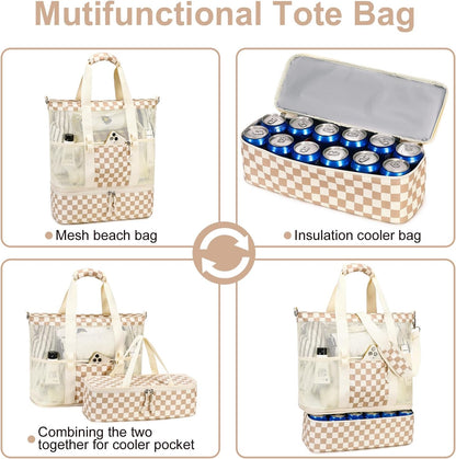 Large Beach Tote for Summer with Insulated Cooler Compartment