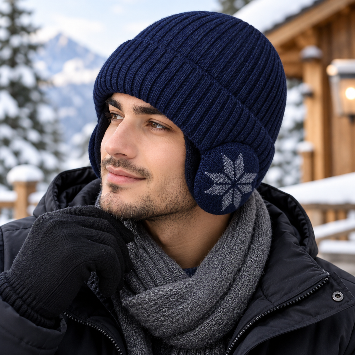 Unisex Ribbed Beanie Hat with Ear Coverage - Plush Lined Polyester Snowflake Cap, One Size
