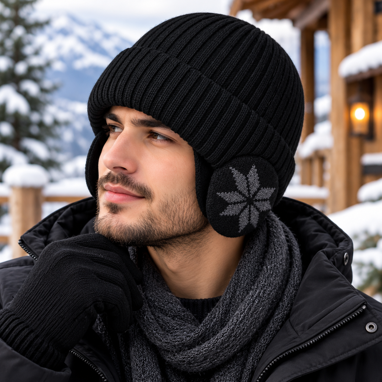 Unisex Ribbed Beanie Hat with Ear Coverage - Plush Lined Polyester Snowflake Cap, One Size