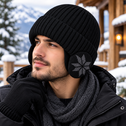 Unisex Ribbed Beanie Hat with Ear Coverage - Plush Lined Polyester Snowflake Cap, One Size