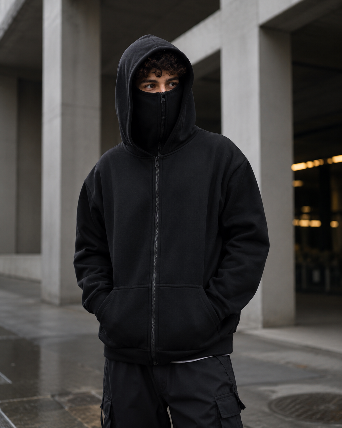 Knit Polyester Ski Mask Sweatshirt with Double Hood, Neck Gaiter, Pockets - Unisex Full Zip Balaclava Hoodie for Winter