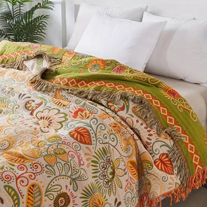 Floral Print Bohemian Style Reversible Throw Blanket