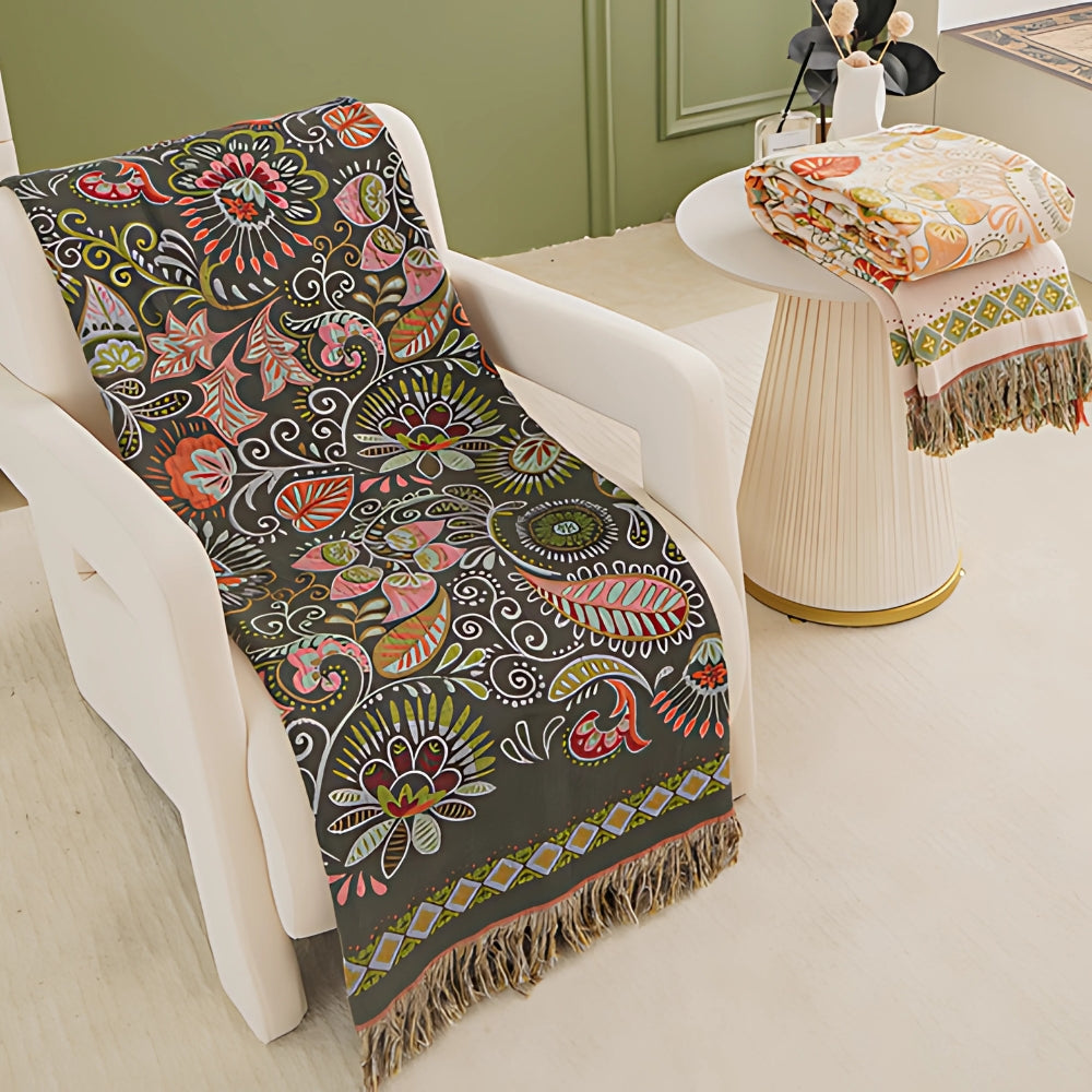 Floral Print Bohemian Style Reversible Throw Blanket