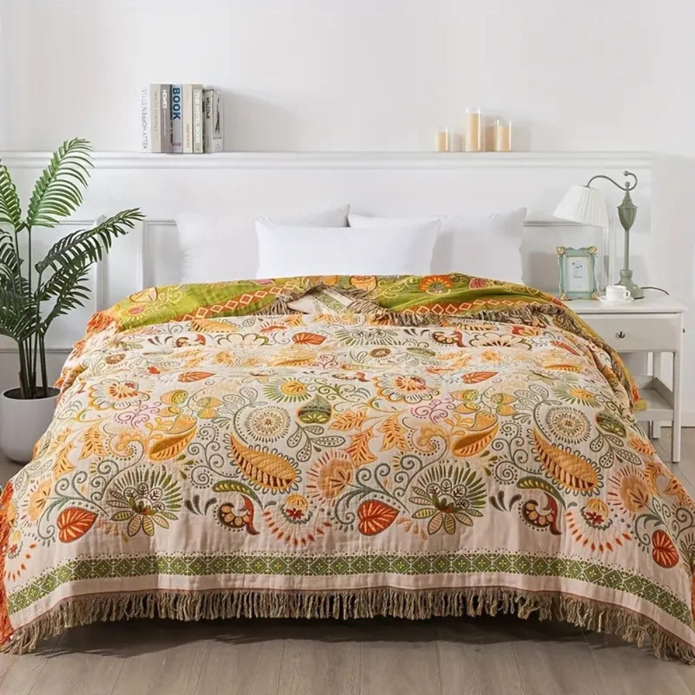 Floral Print Bohemian Style Reversible Throw Blanket