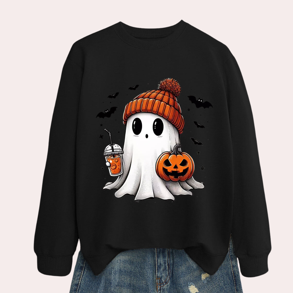 Cozy Halloween Sweater with Fun Ghost and Pumpkin Design