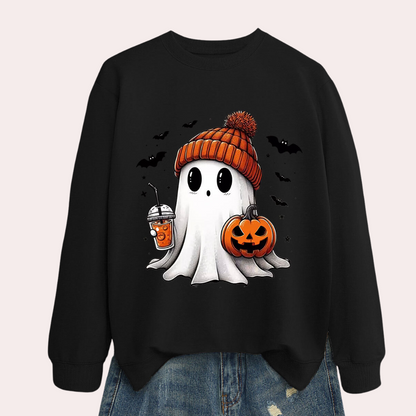Cozy Halloween Sweater with Fun Ghost and Pumpkin Design