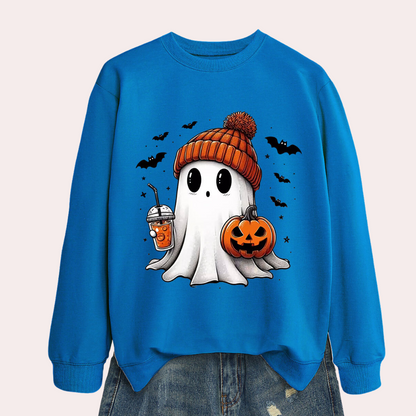 Cozy Halloween Sweater with Fun Ghost and Pumpkin Design