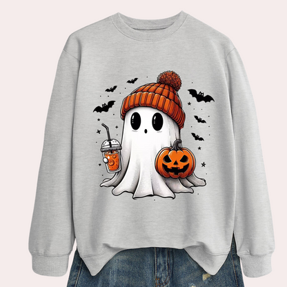 Cozy Halloween Sweater with Fun Ghost and Pumpkin Design