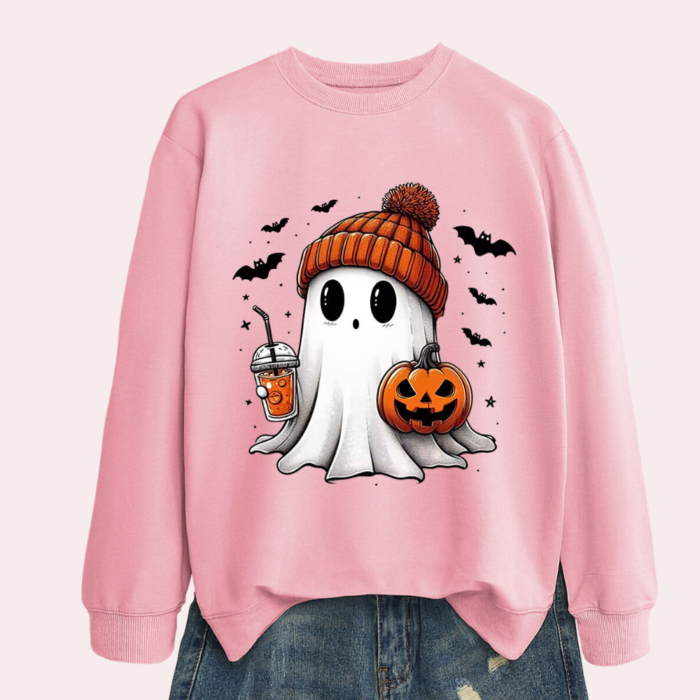Cozy Halloween Sweater with Fun Ghost and Pumpkin Design