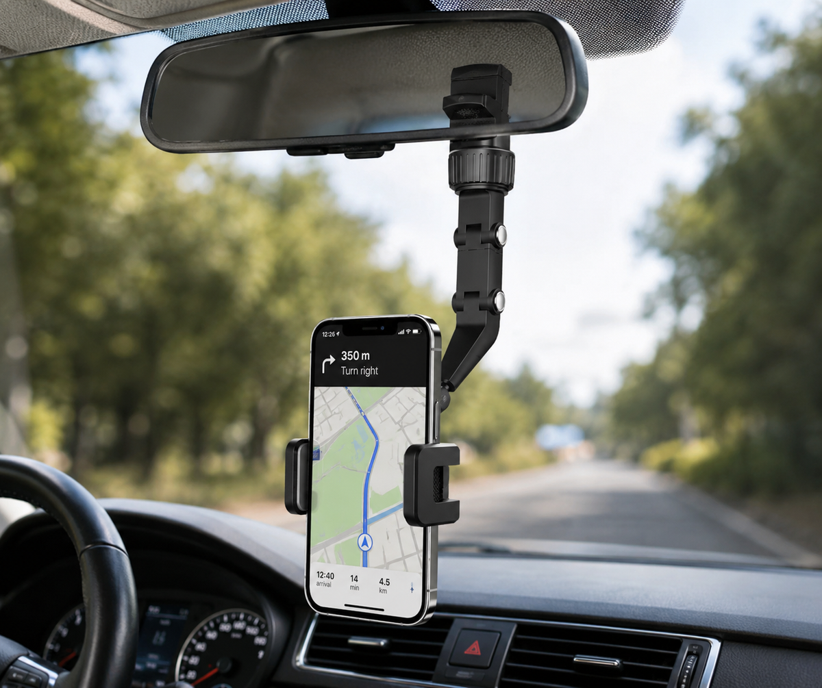 Foldable Rearview Mirror Phone Holder - 360-Degree Rotation for 4 to 6.5 Inch Devices