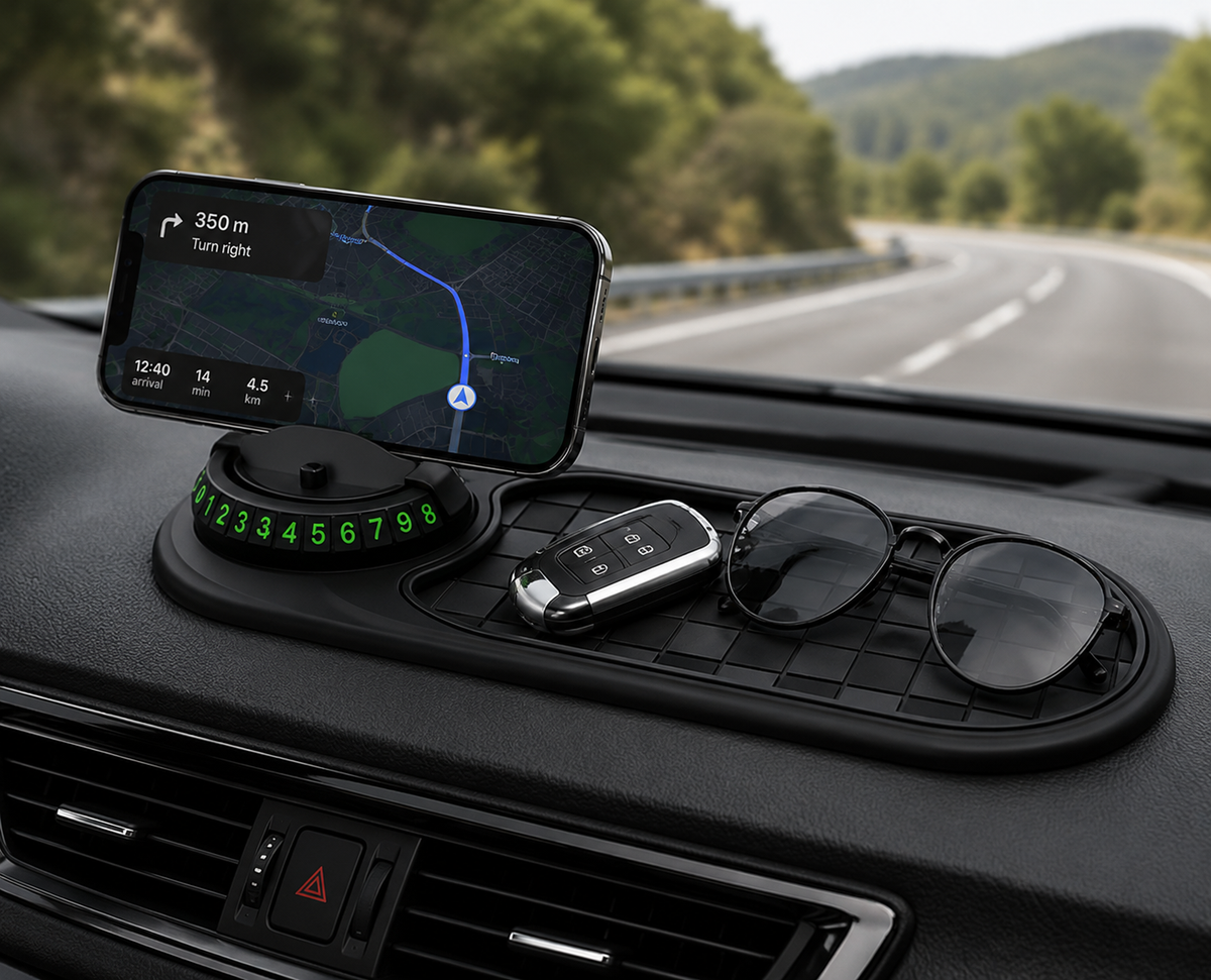 360-Degree Rotating Dashboard Phone Mount with Storage Tray and Anti-Slip Grip