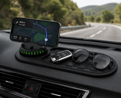 360-Degree Rotating Dashboard Phone Mount with Storage Tray and Anti-Slip Grip