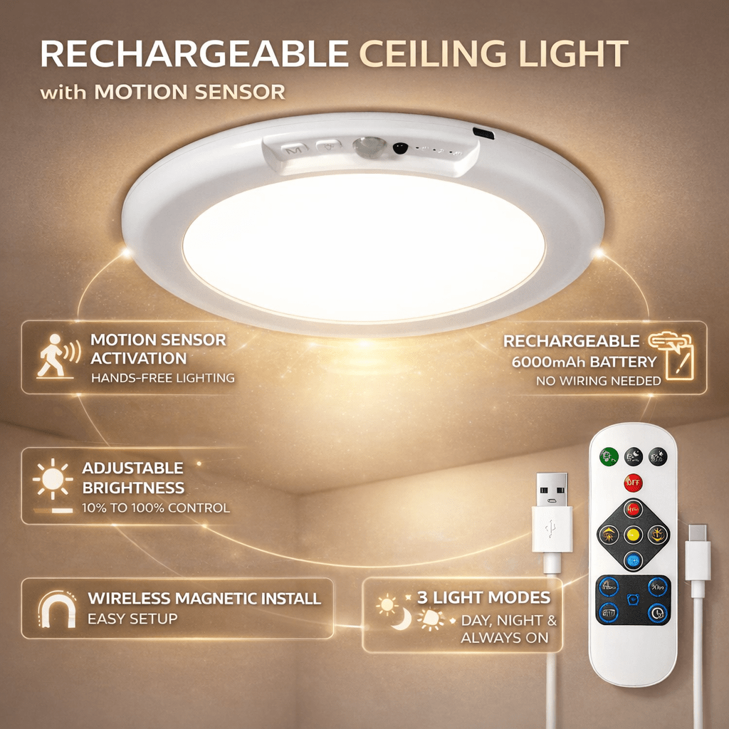 Wireless Motion-Activated Ceiling Light with Remote and Color Options