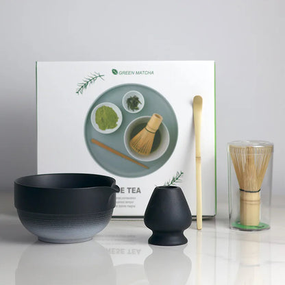 Ceramic Matcha Bowl Set with Spout and Bamboo Whisk in Ombre Design