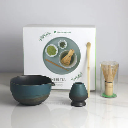Ceramic Matcha Bowl Set with Spout and Bamboo Whisk in Ombre Design