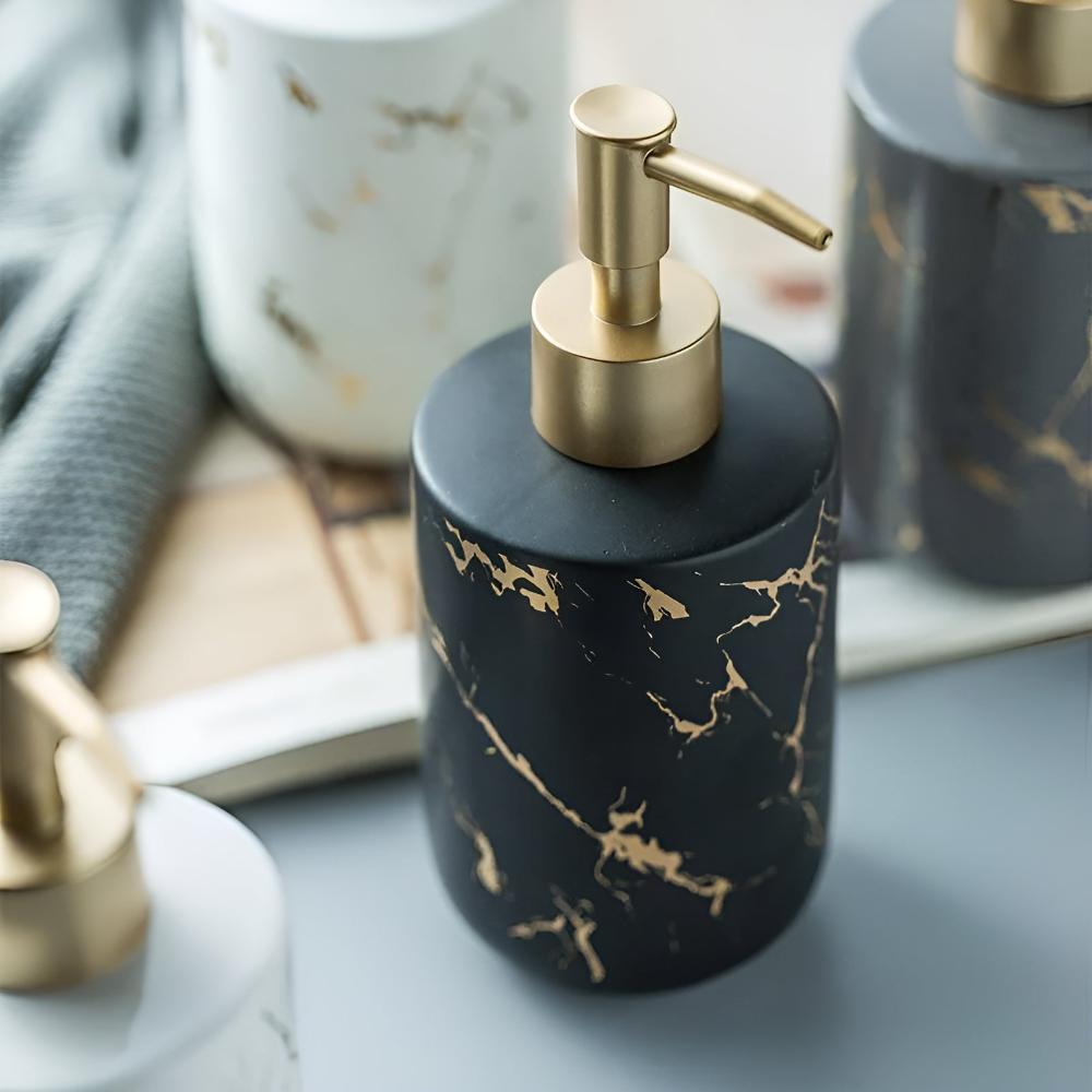 Soap Dispenser in Marble Design with Gold Accents for Kitchen and Bathroom