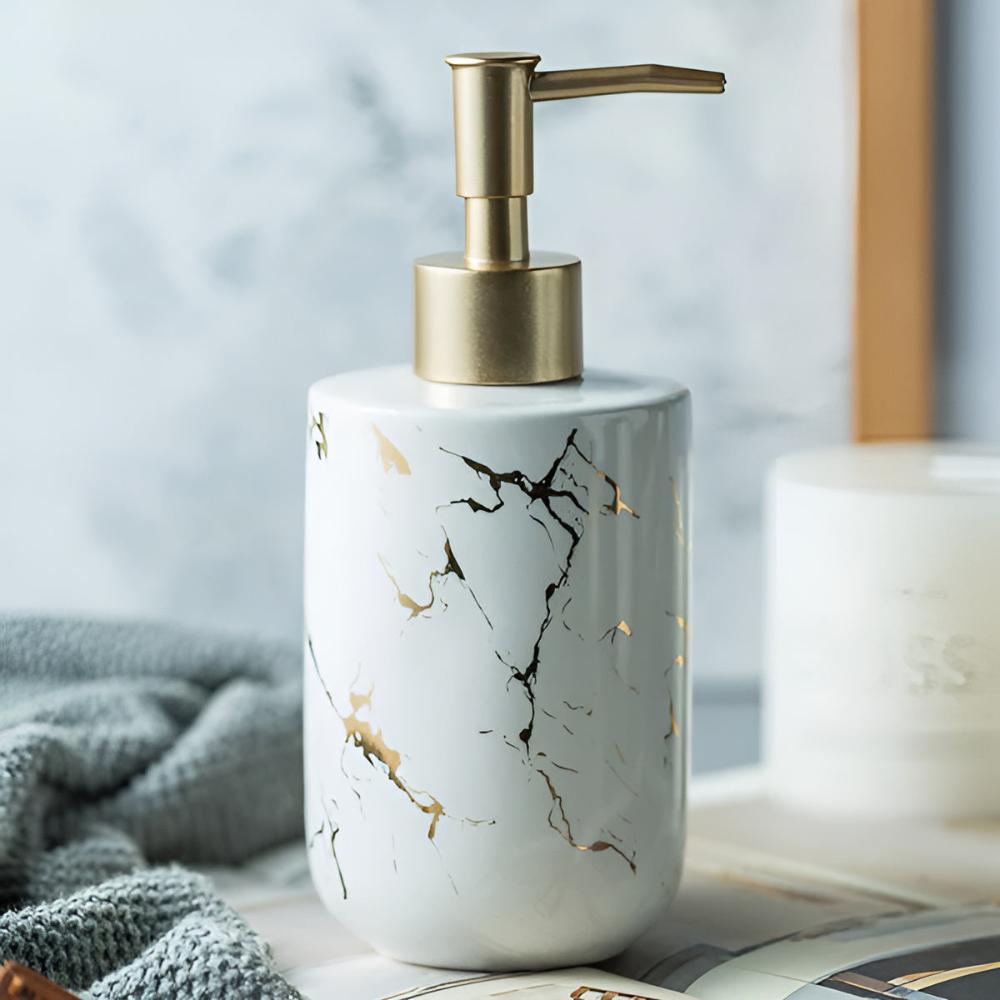 Soap Dispenser in Marble Design with Gold Accents for Kitchen and Bathroom