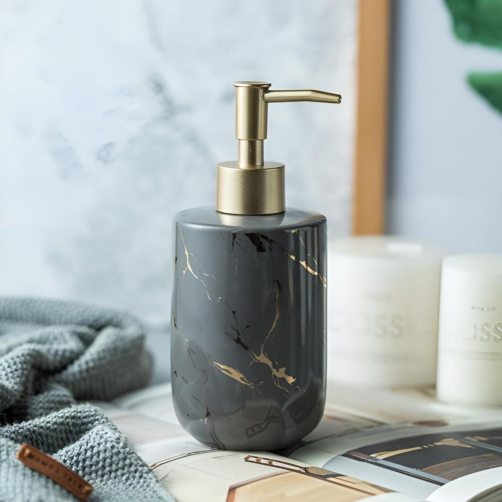 Soap Dispenser in Marble Design with Gold Accents for Kitchen and Bathroom