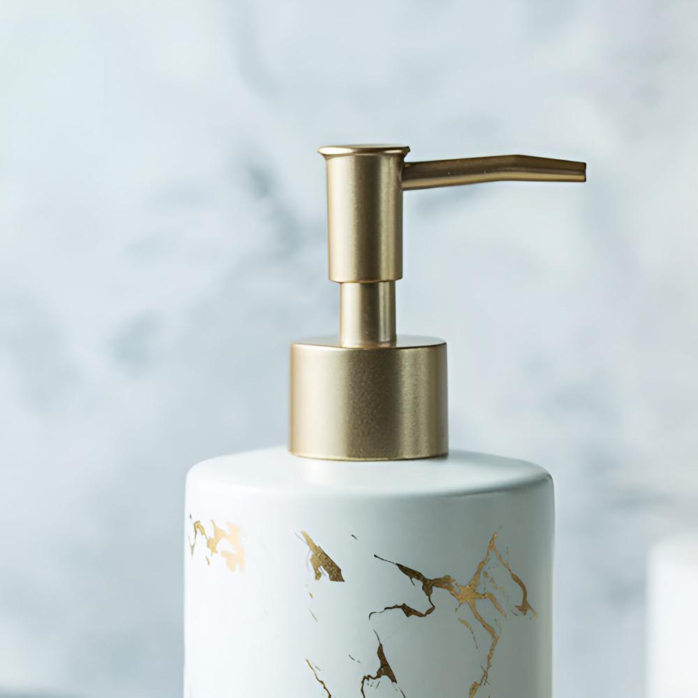 Soap Dispenser in Marble Design with Gold Accents for Kitchen and Bathroom