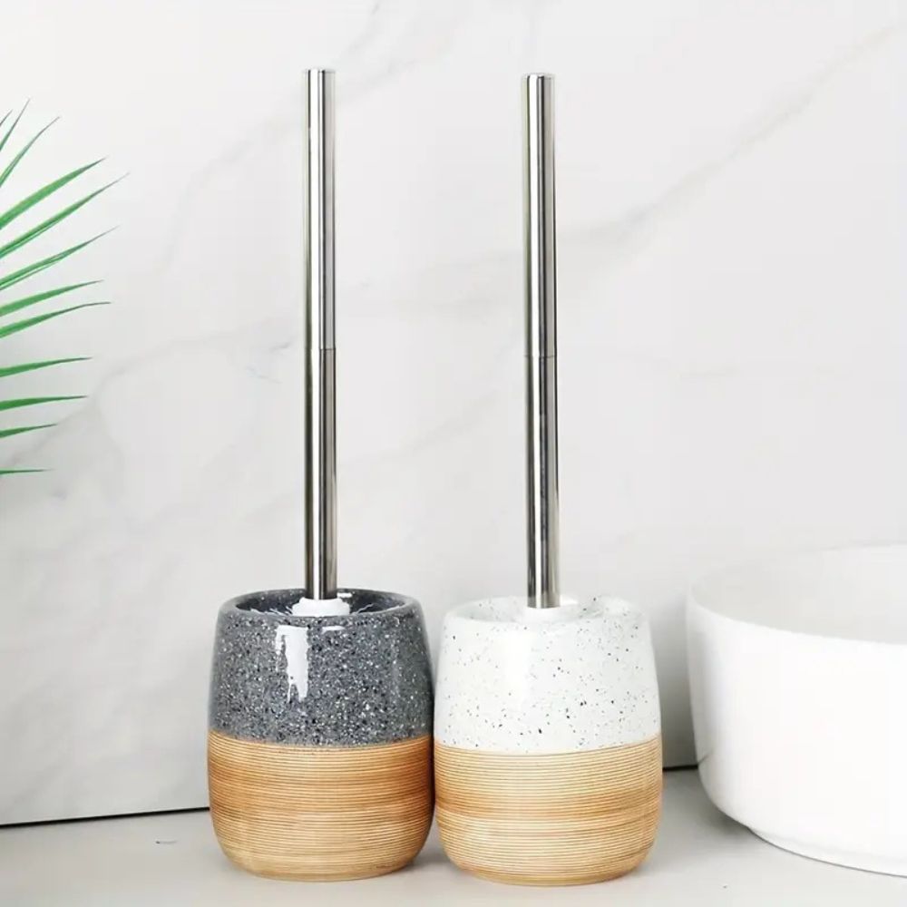 Ceramic Toilet Brush with Wooden Stand - Chic Bathroom Accessory Set