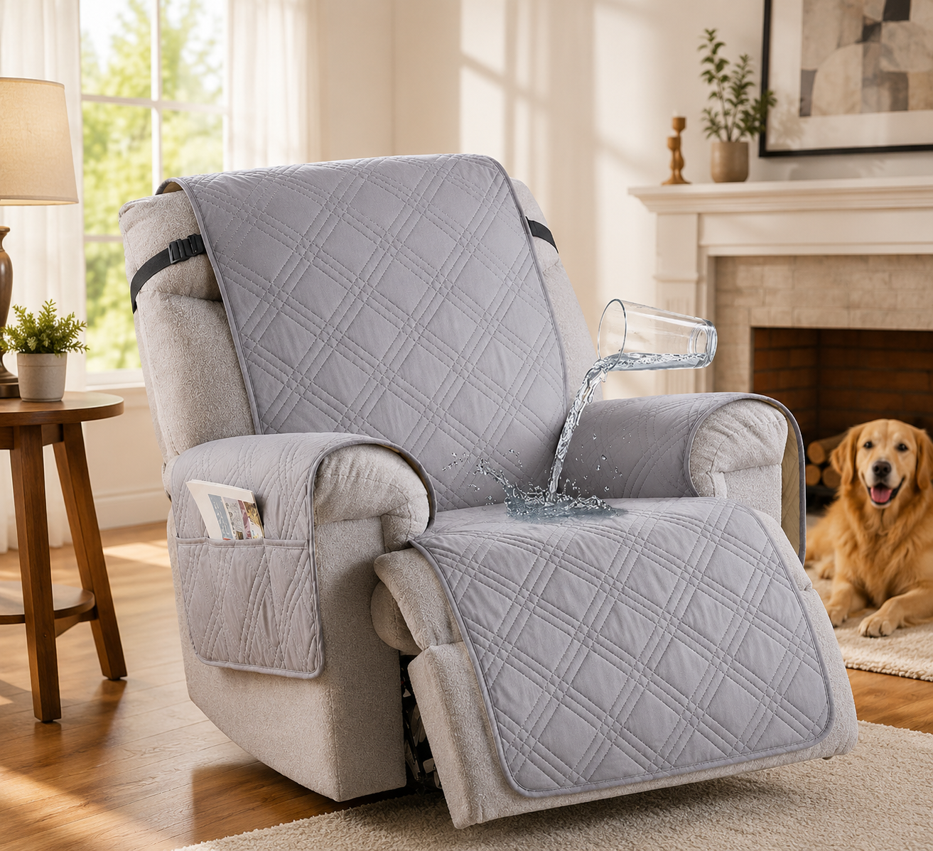 Microfiber Pet Protector for Recliner Chair, Waterproof with Side Pockets