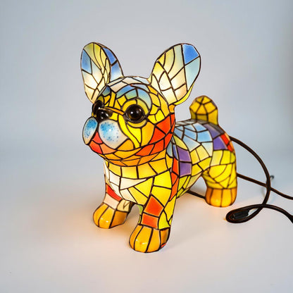 Compact Table Lamp with Stained Glass Dog Figurine – Warm Bedside Light