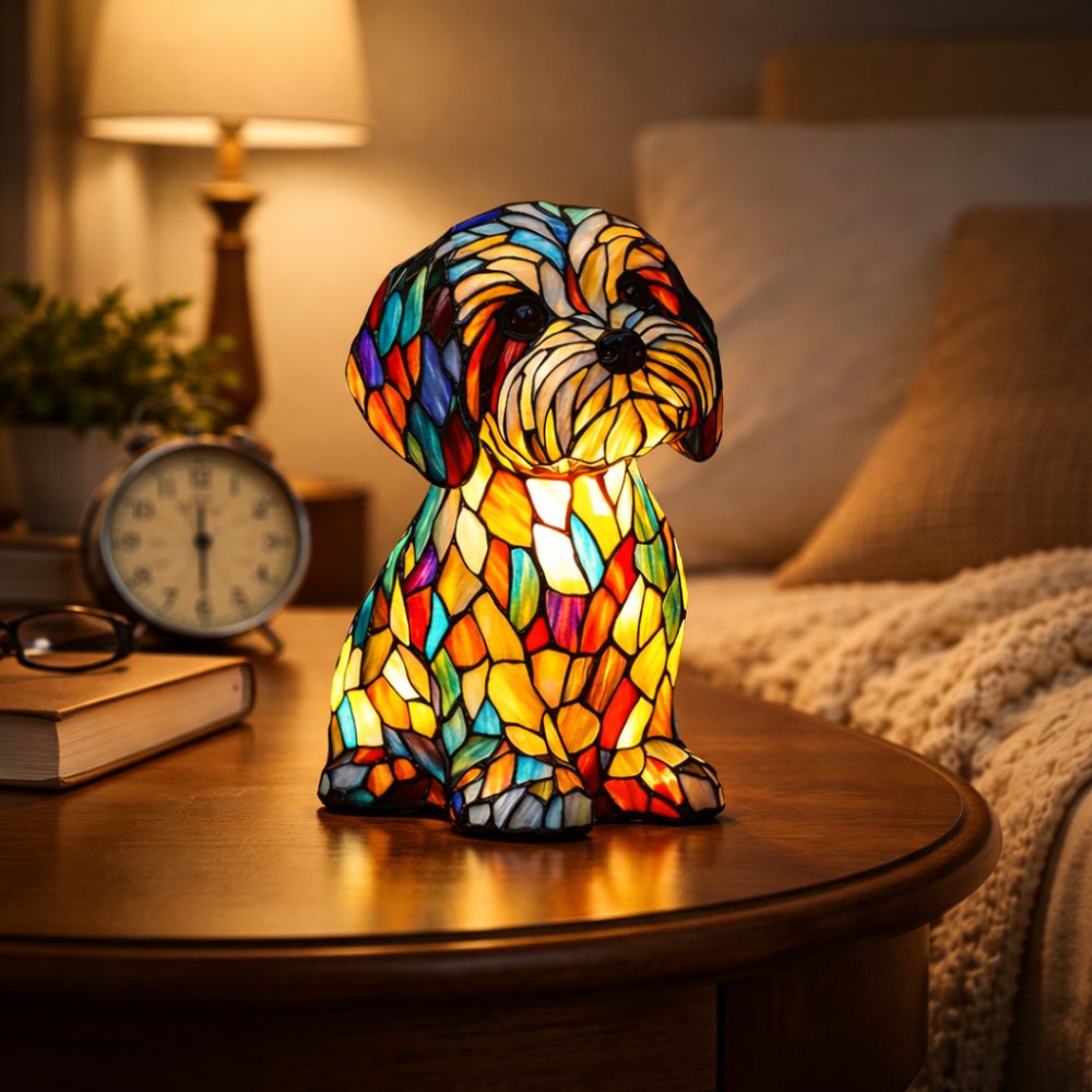 Stained Glass Table Lamp for Dogs - LED Night Light for Cozy Ambiance