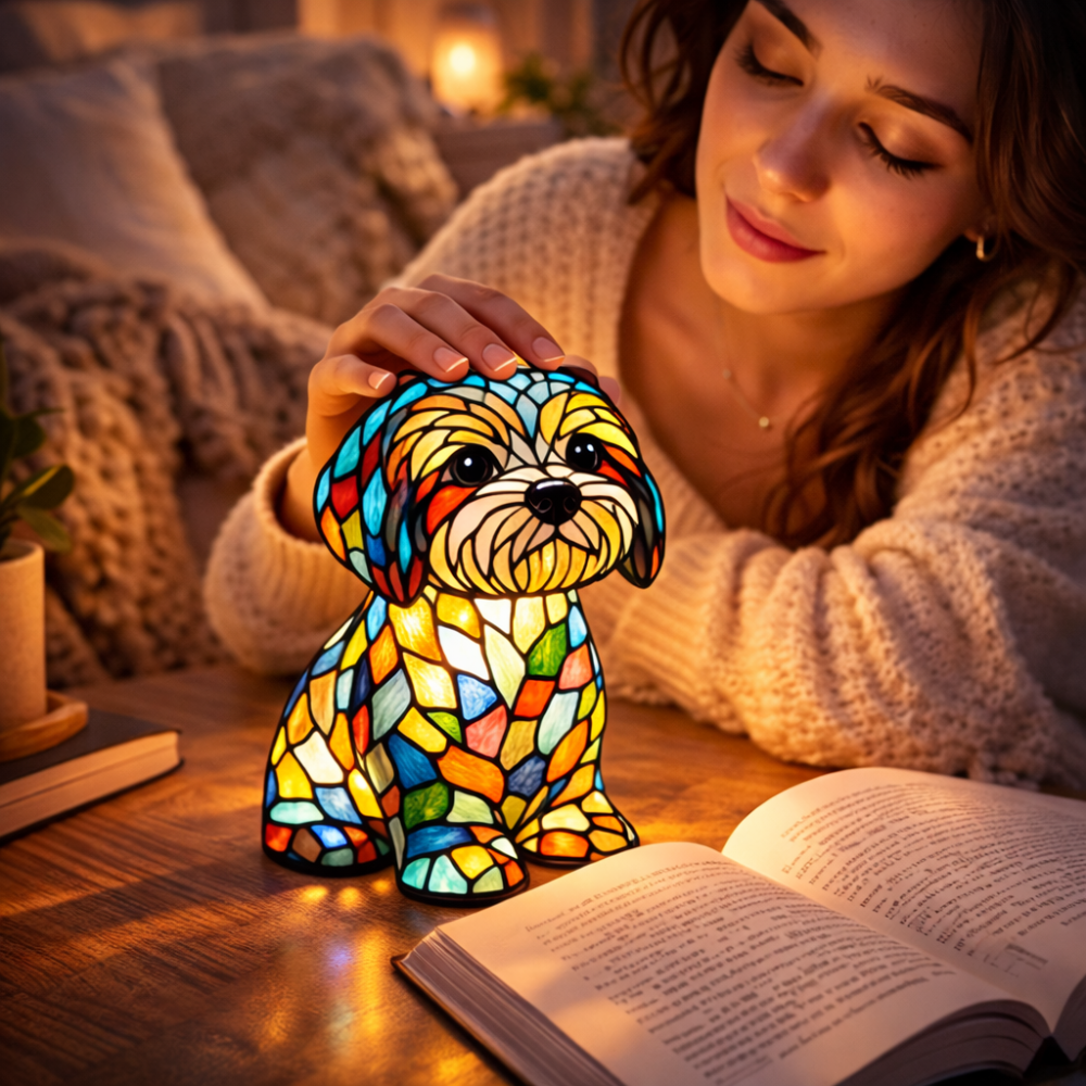 Stained Glass Table Lamp for Dogs - LED Night Light for Cozy Ambiance