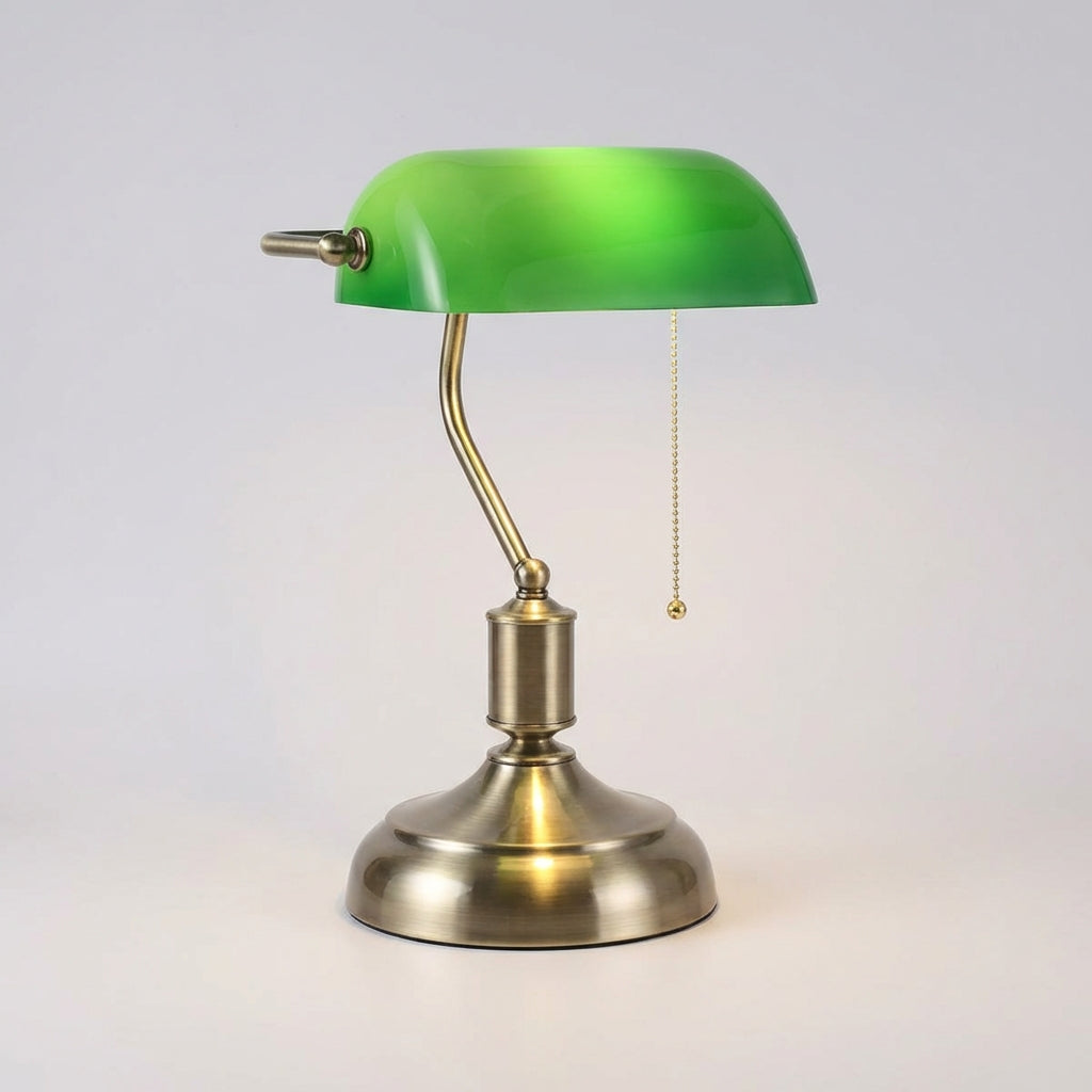 Soft Light Banker Lamp with Glass Shade and Polished Metal Base