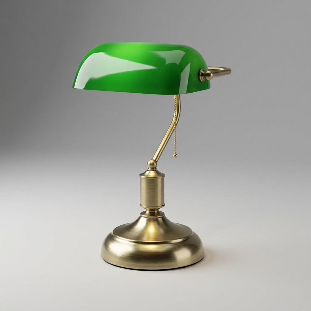 Soft Light Banker Lamp with Glass Shade and Polished Metal Base