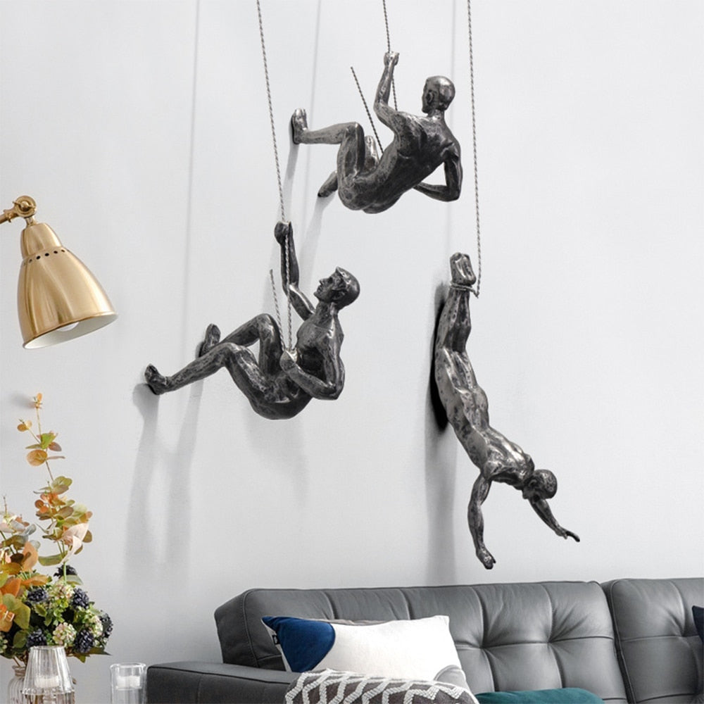 Modern Industrial Wall Art – Climbing Figure in Resin and Iron Wire