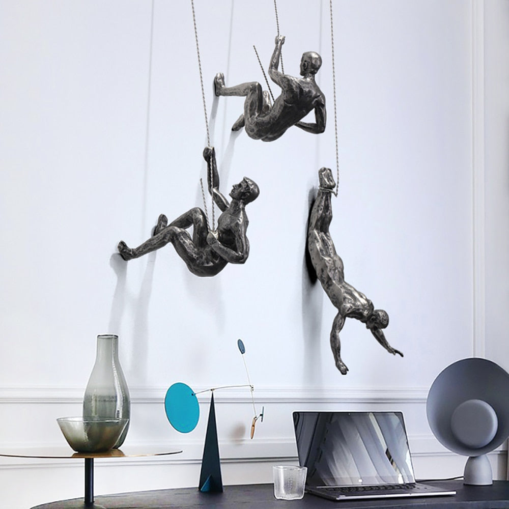 Modern Industrial Wall Art – Climbing Figure in Resin and Iron Wire