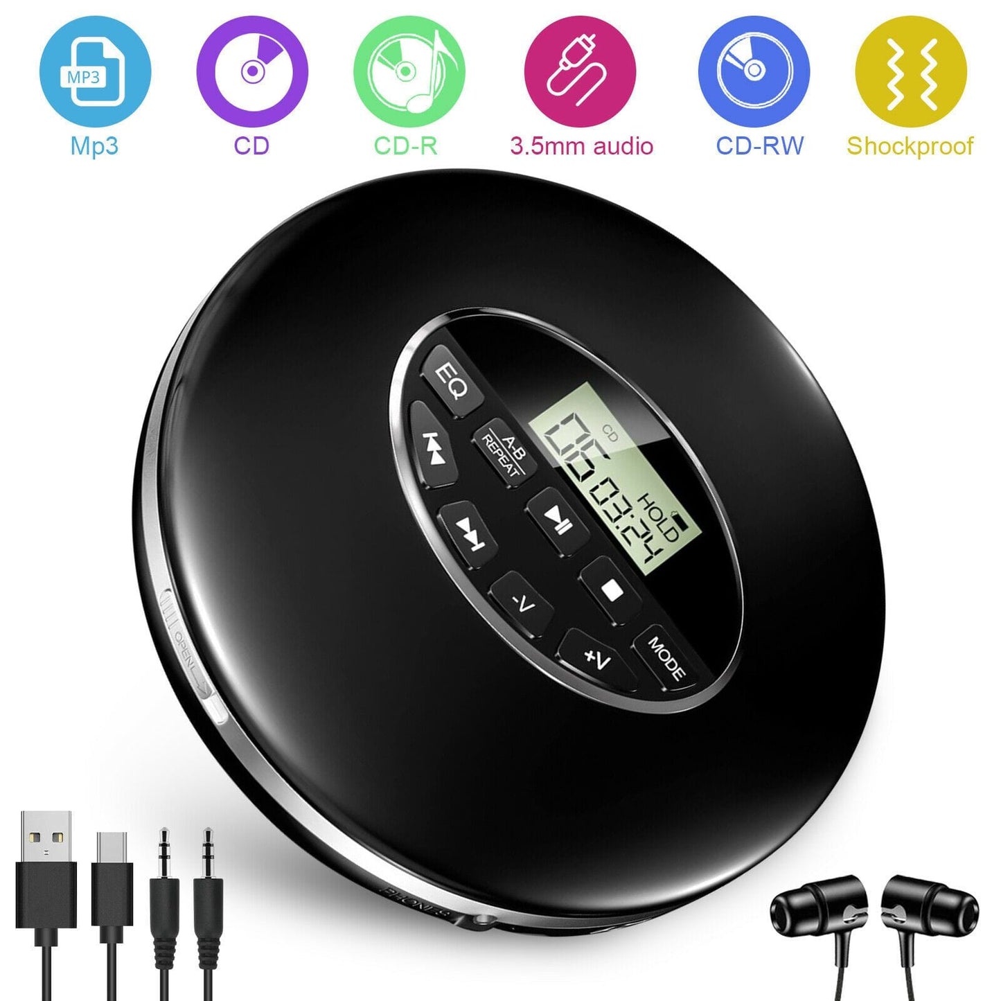 Compact Travel CD Player with Anti-Skip Technology - Portable Walkman Style