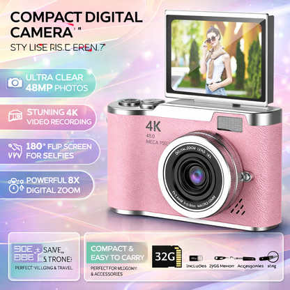 Travel-Friendly 48MP Camera with 4K Video for Selfies and Photos