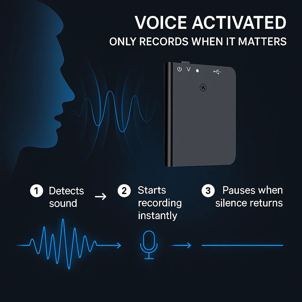 Compact Voice Recorder with Sound Activation | Stealthy Design for Simple Use