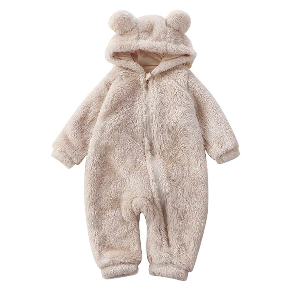 Cozy Flannel Zip-Up Baby Onesie with Cute Hood for Winter