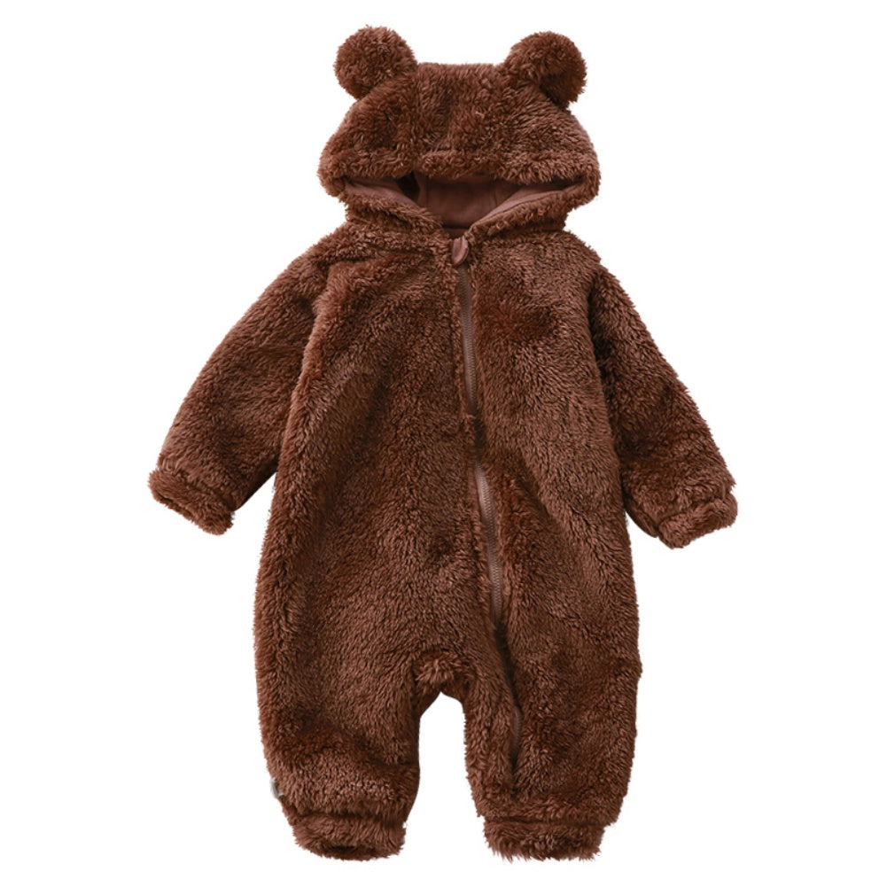 Cozy Flannel Zip-Up Baby Onesie with Cute Hood for Winter