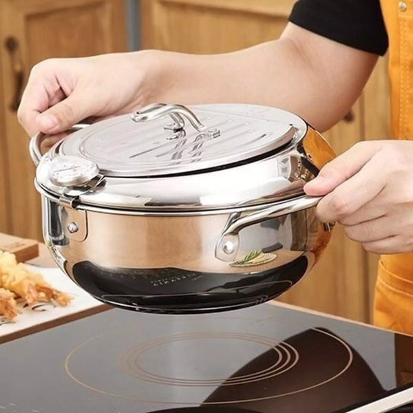 Stainless Steel Deep Fryer with Thermometer and Drain Rack for Crispy Cooking