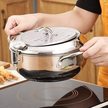 Stainless Steel Deep Fryer with Thermometer and Drain Rack for Crispy Cooking