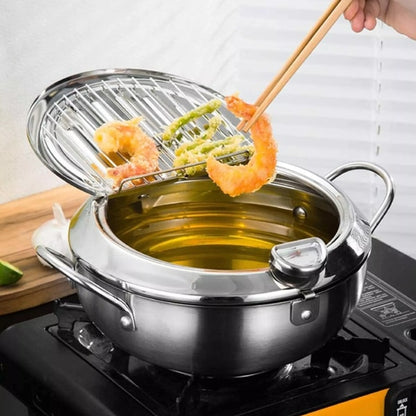 Stainless Steel Deep Fryer with Thermometer and Drain Rack for Crispy Cooking