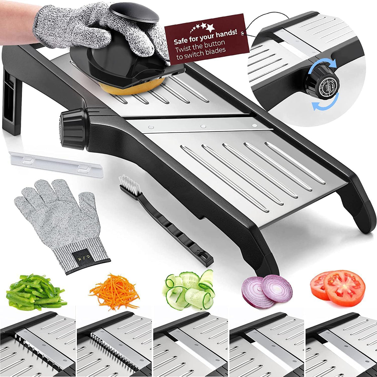 Vegetable Cutter with Adjustable Thickness and Safety Gloves