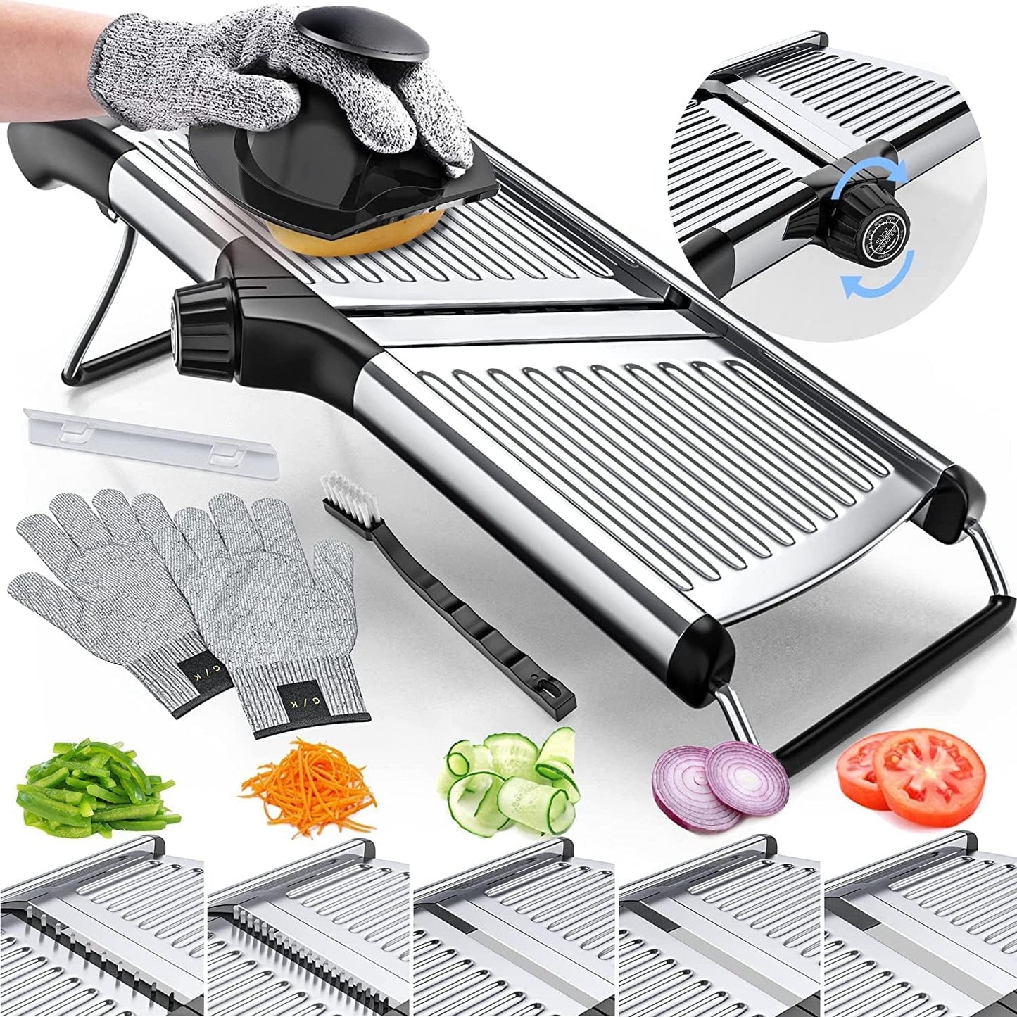 Vegetable Cutter with Adjustable Thickness and Safety Gloves